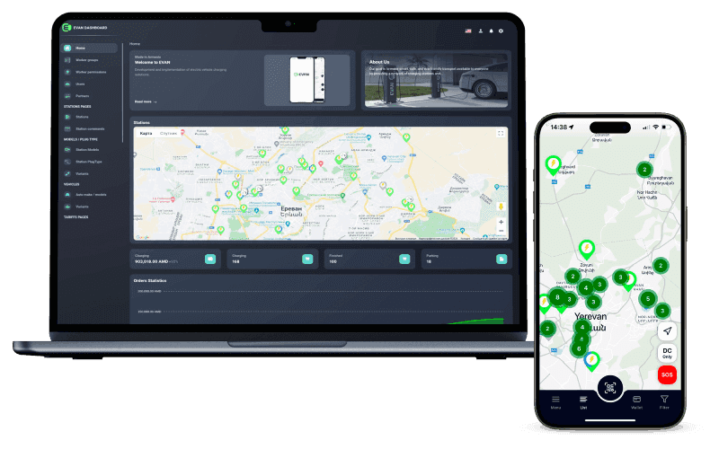 Հեղափոխեք ձեր էլեկտրական մ եքենաների լիցքավորման բիզնեսը մեր White-Label EVAN ծրագրաշարով, որն առաջարկում է անխափան ինտեգրում OCPP-ին համապատասխանող ցանկացած լիցքավորիչի համար: Evan ընկերությունը արտադրում է նոր բարելավված AC և արագ լիցքավորող DC կայաններ՝ բավարարելով միջքաղաքային, ինչպես նաև քաղաքային և ռեգիոնալ երթևեկության պահանջները։Գործարկեք, օպտիմիզացրեք և մեծացրեք վստահորեն՝ օգտագործելով մեր հատուկ բրենդավորված EVAN լիցքավորման կառավարման համակարգը: Բարձրացրեք ձեր բիզնեսը EVAN լիցքավորման բազմակողմանի հավելվածով, որը նախատեսված է օգտատերերի առավելագույն փորձի, արդյունավետության և հարմարվողականության համար: